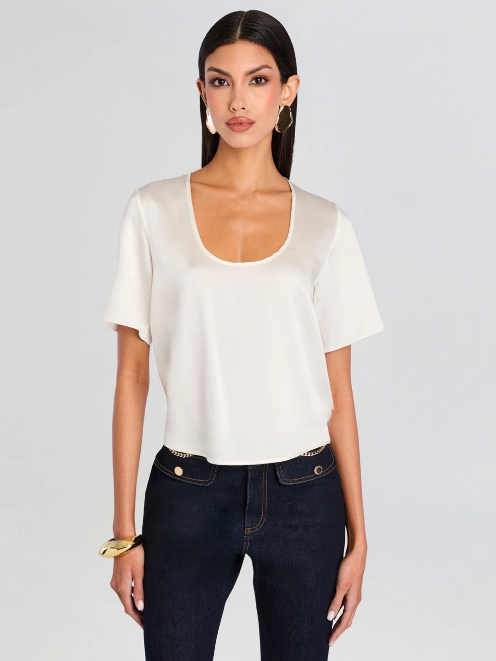 Retrofete Ivory Scoop Neck Short Sleeve Blouse